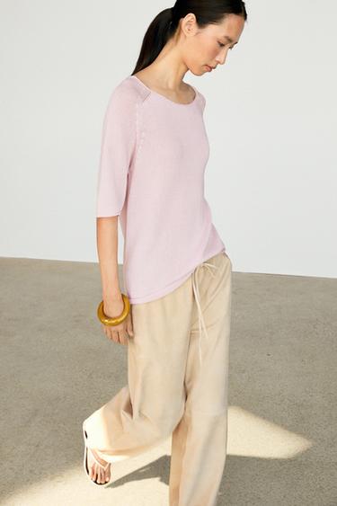 Pull en maille à col bateau 100 % coton - Rose de Zara