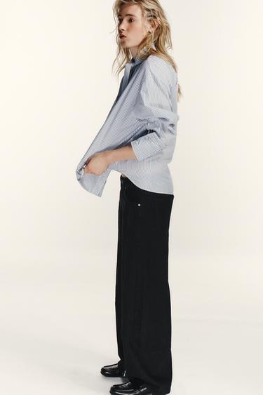 STRIPED POPLIN SHIRT WITH SCARF DETAIL - White / Green by Zara