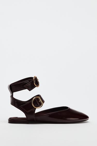 Zara SLINGBACK DOUBLE BUCKLE BALLET FLATS - Burgundy Red