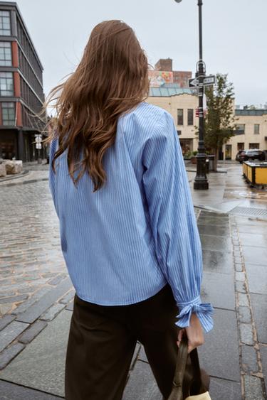 CHEMISE POPELINE AVEC LACETS - Bleu / Blanc de Zara - Image 3
