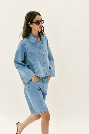 Z1975 EMBROIDERED FLORAL DENIM BERMUDA SHORTS - Mid-blue by Zara - Image 2