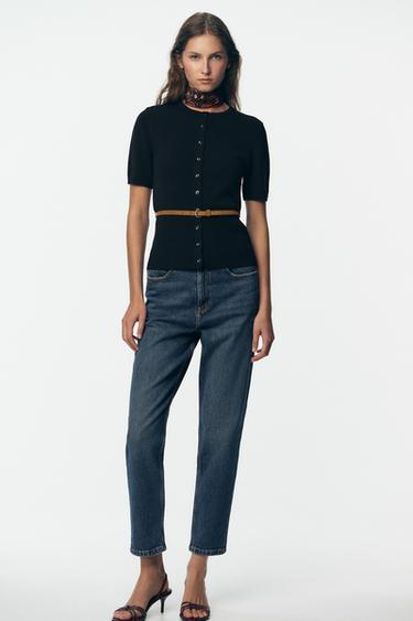 Zara BELTED SHORT SLEEVE KNIT CARDIGAN - Navy blue