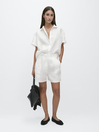 Zara 100% linen long Bermuda shorts with darts - White - Image 0