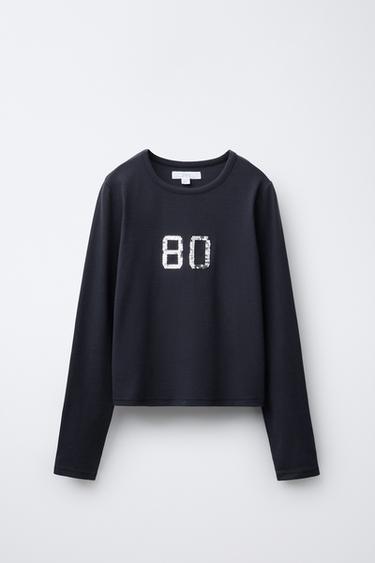 EMBROIDERED SEQUIN T-SHIRT - Dark anthracite by Zara