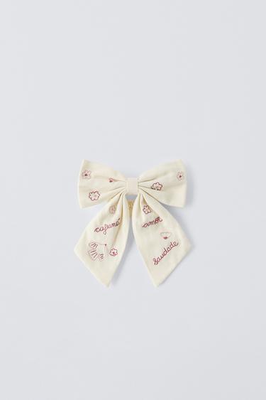 Zara EMBROIDERED BOW HAIR TIE - Ecru