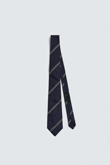 100% SILK STRIPED TIE - Navy blue by Zara - Image 1