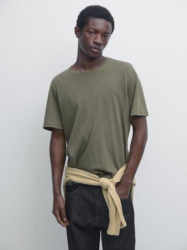 Zara Short sleeve linen and cotton T-shirt - Light khaki
