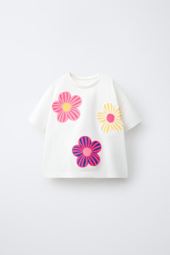 T-SHIRT À DÉCOR DE FLEURS - Blanc cassé de Zara - Image 0