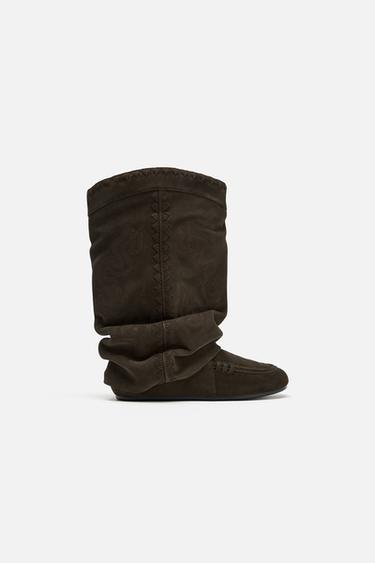 Zara SPLIT LEATHER EMBROIDERED FLAT ANKLE BOOTS - Brown