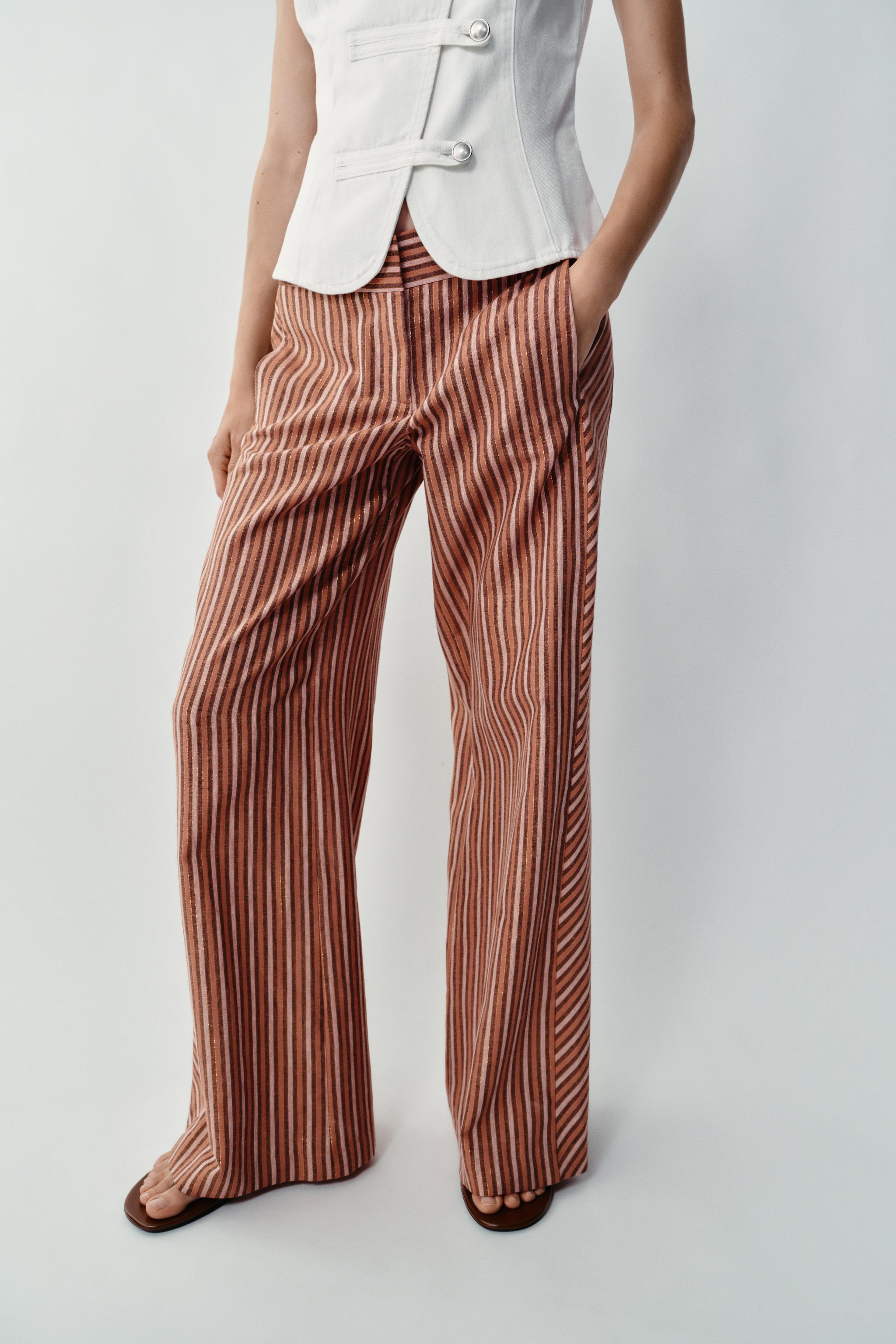 METALLIC THREAD STRIPED WIDE LEG PANTS — Multicolored
