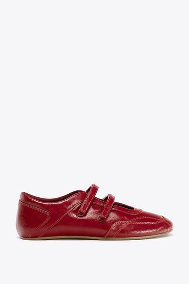 Zara PATENT DOUBLE STRAP BALLET FLATS - Red