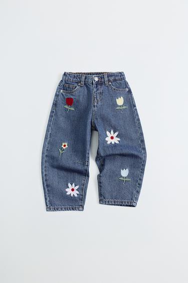 EMBROIDERED FLORAL BARREL JEANS - Blue by Zara