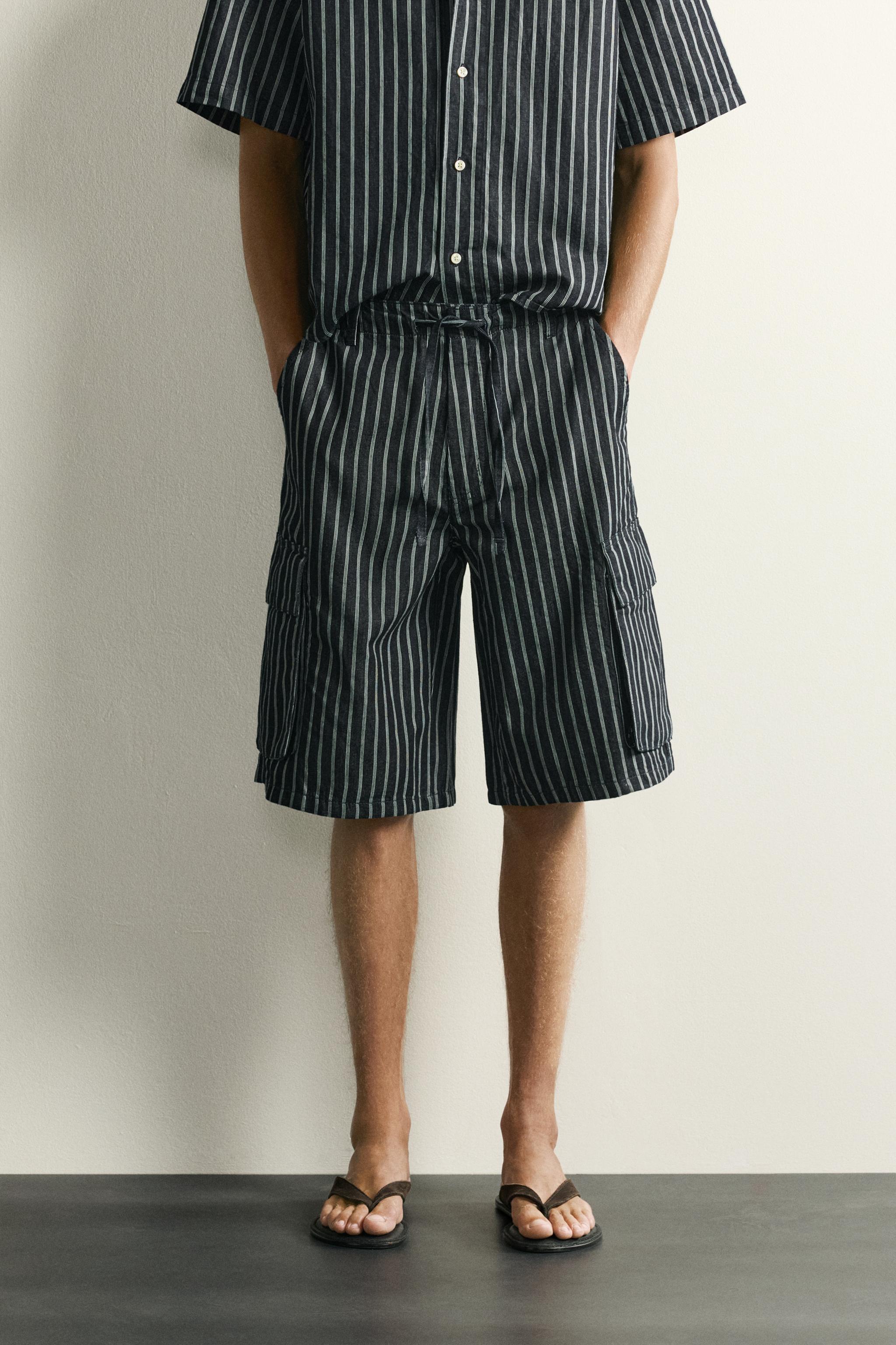 STRIPED COTTON-LINEN DENIM CARGO SHORTS