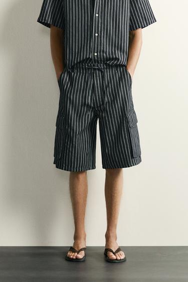 STRIPED COTTON/LINEN DENIM CARGO BERMUDA SHORTS - blue/black by Zara