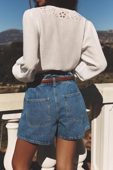 HIGH-WAIST Z1975 PAPERBAG DENIM BERMUDA SHORTS - Mid-blue by Zara - Image 1