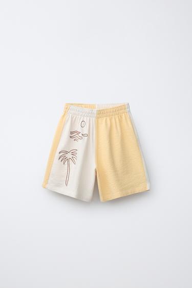 برمودا بمظهر منشفة بتصميم كتل الألوان وتطريزات - أصفر by Zara - Image 0