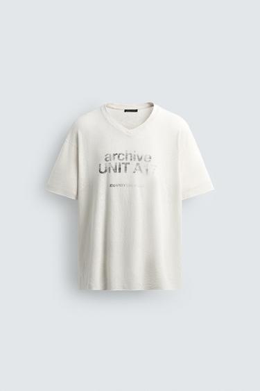 WASHED COTTON/LINEN T-SHIRT WITH TEXT - White by Zara