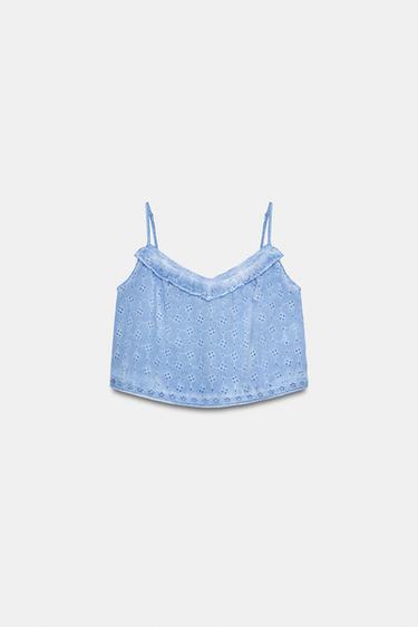 TOP MIT LOCHSTICKEREI IN WASHED-OPTIK - Einfarbig von Zara