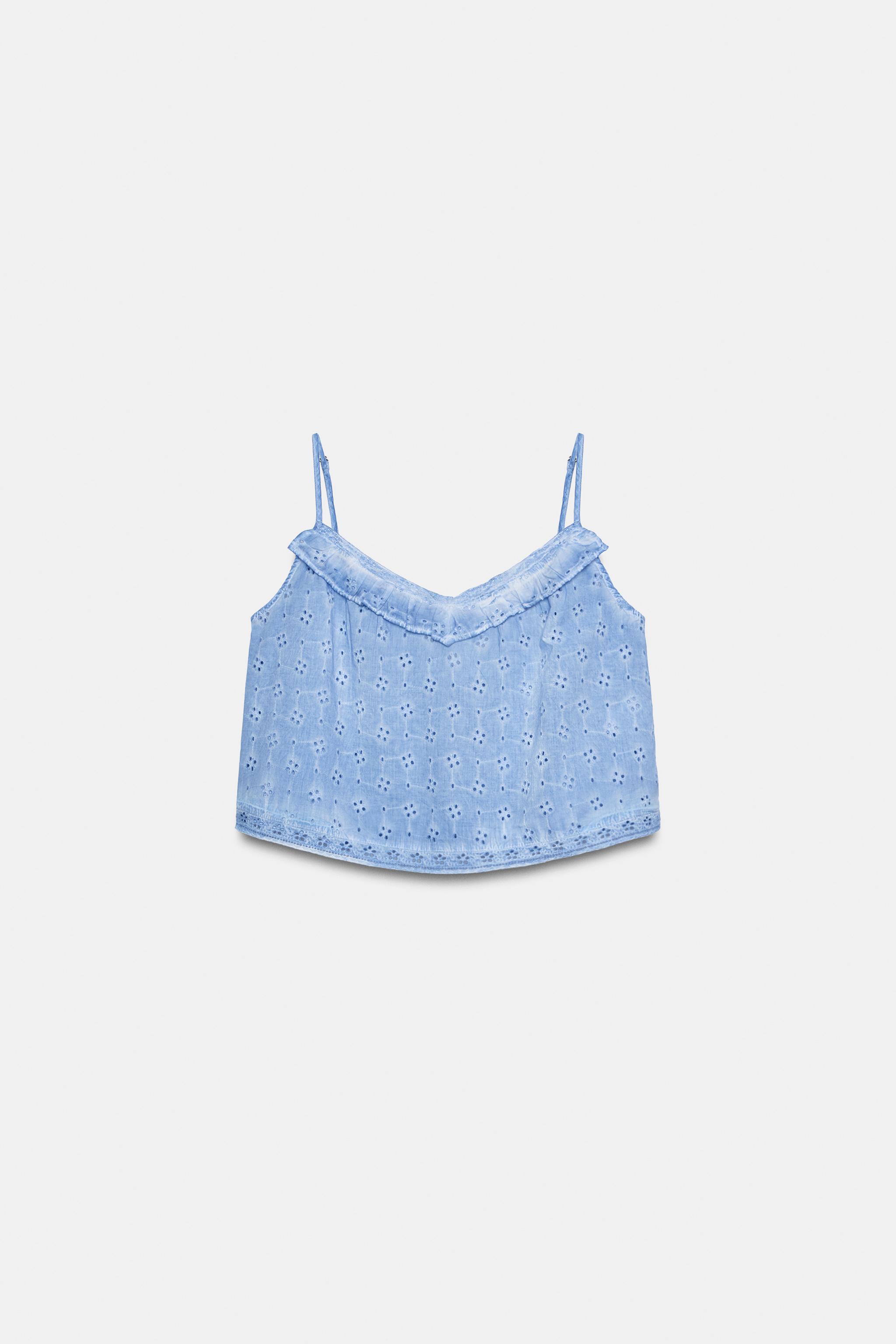 WASHED EFFECT EYELET EMBROIDERED TOP