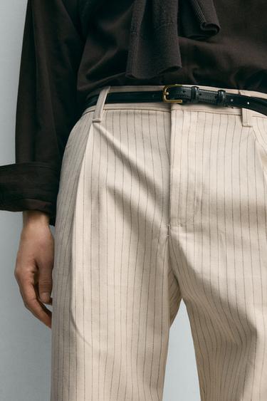 RELAXED FIT PINSTRIPED CHINO TROUSERS - Ecru by Zara - Image 4