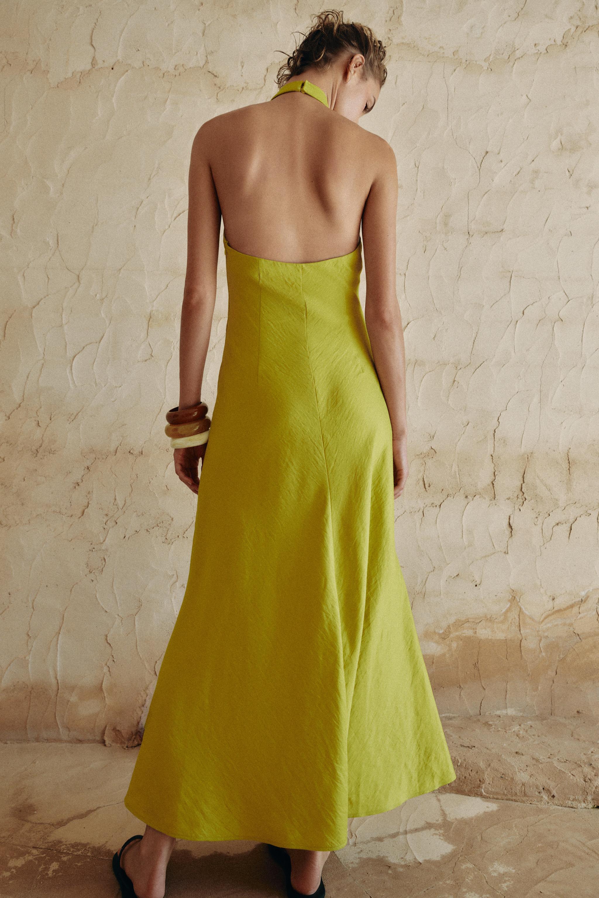 LINEN WRAP HALTER MIDI DRESS