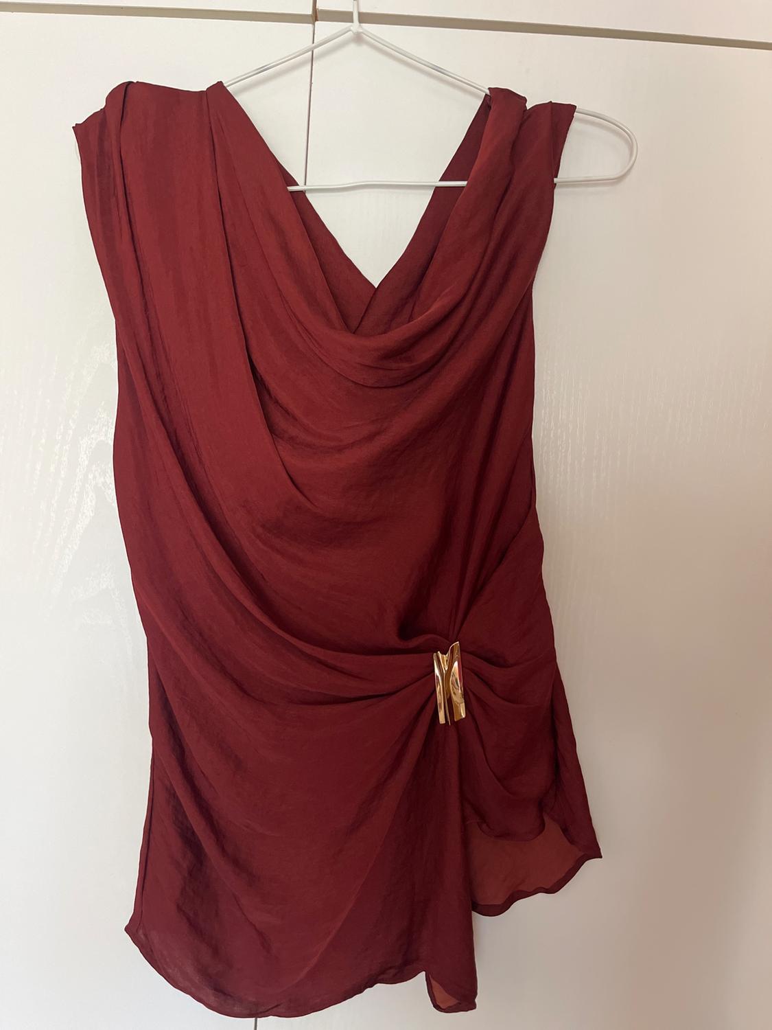 Sleeveless burgundy top hanging on a hanger. It stands out for its draped neckline and side gathering with a gold clasp against a white background.