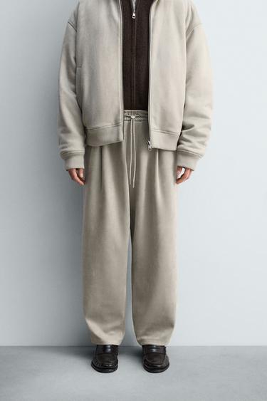 Zara 人造麂皮打褶長褲 - 淺灰色