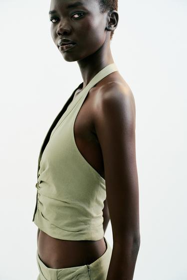 TOP HALTER AVEC LIN - Kaki clair de Zara - Image 3