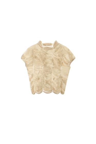 TOP PUNTO FRUNCES BORDADOS - Crudo de Zara
