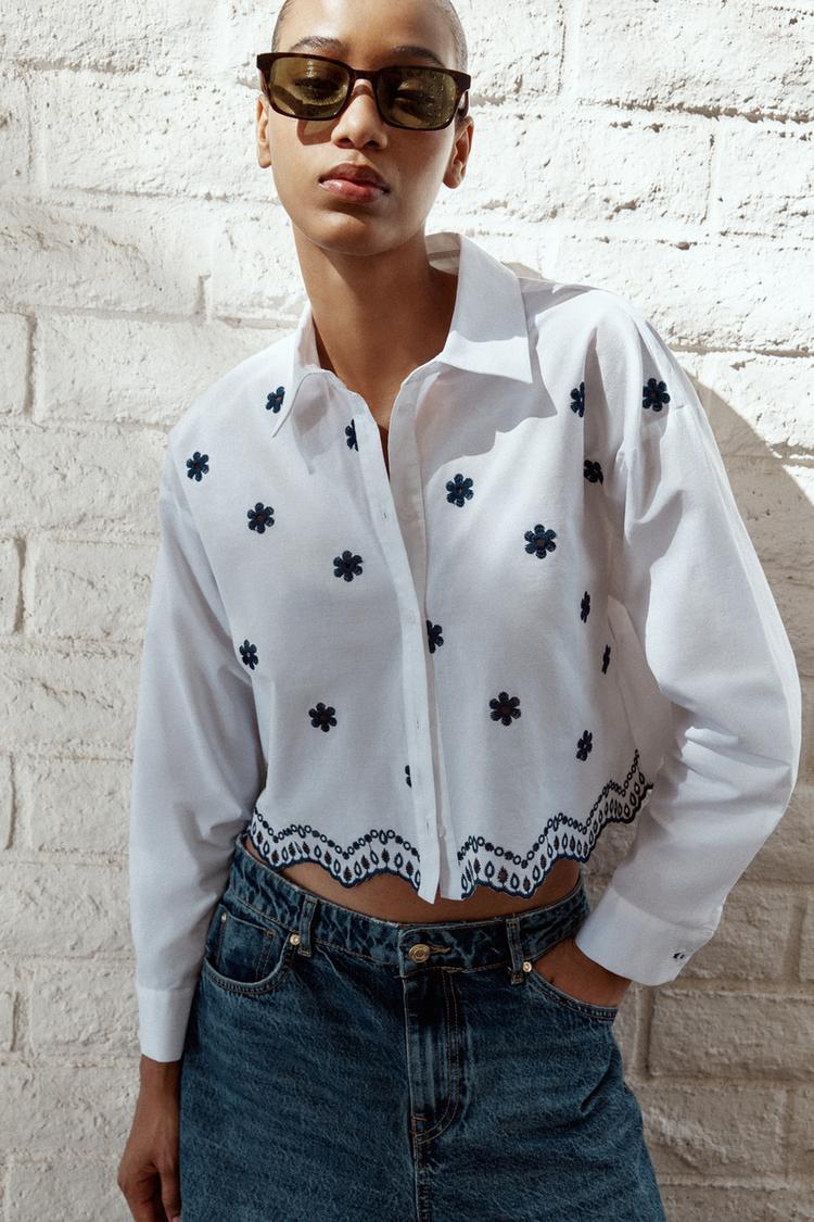Zara Camisa Blanca Con Flores Mujer CAMISA POPELÍN BORDADOS Blanco