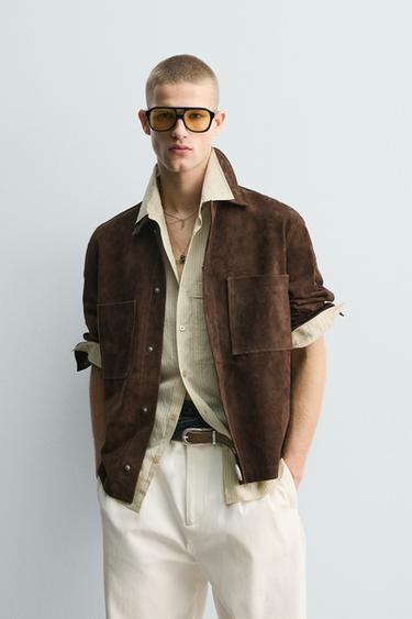 SURCHEMISE EN CUIR DAIM À POCHES - Marron de Zara