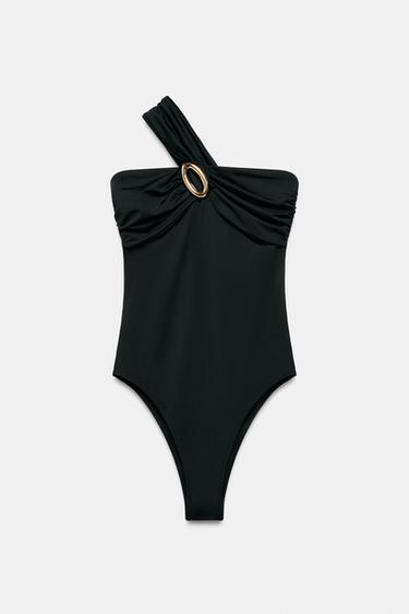 ASYMMETRIC STRAP SWIMSUIT WITH METAL DETAIL - Black by Zara