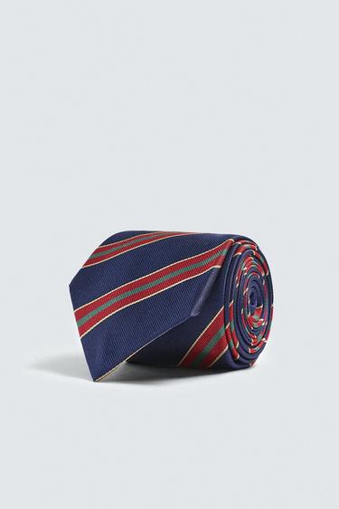 100% SILK STRIPED TIE - red/navy by Zara - Image 0