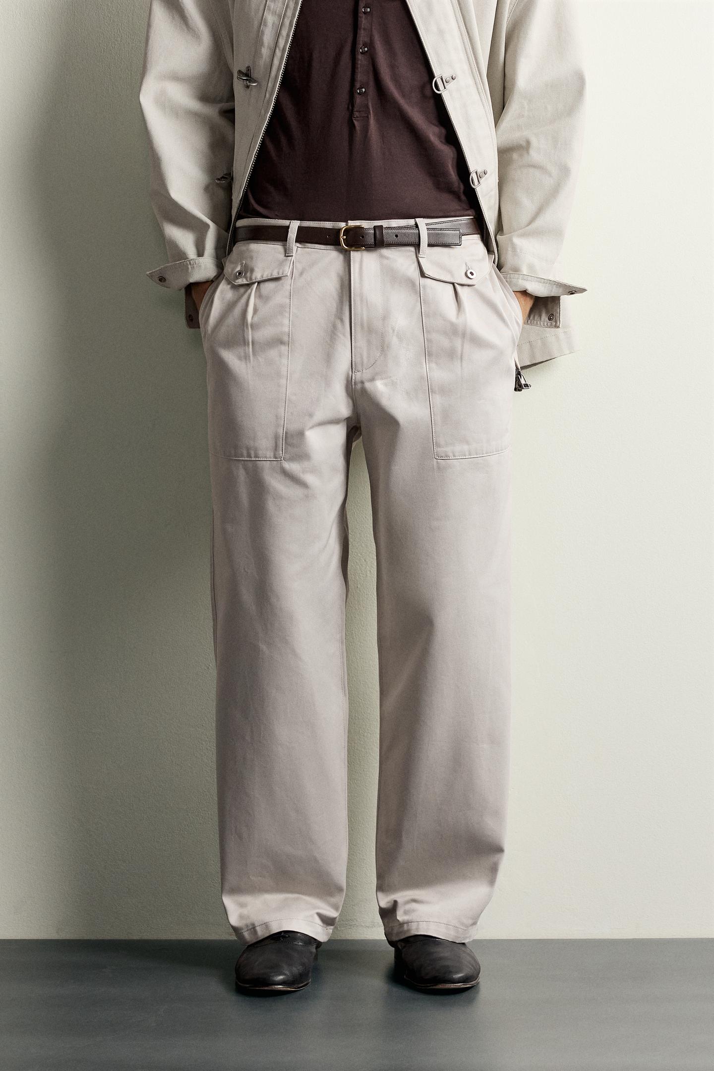 Мужские брюки Zara Straight Relaxed Fit Pocket, цвет: Серо-бежевый — фото 2