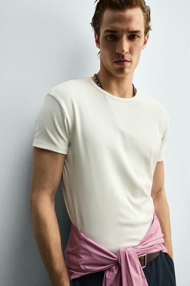 SLIM FIT T-SHIRT - Ecru / Beige by Zara - Image 4