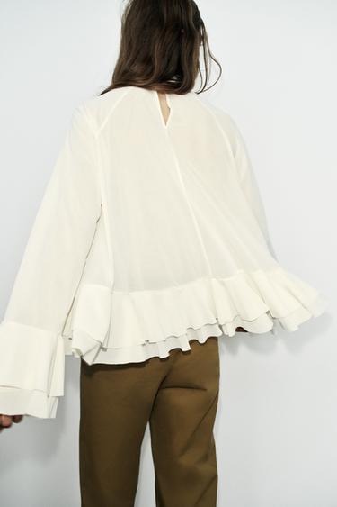 HIGH NECK RUFFLED TOP - Ecru by Zara