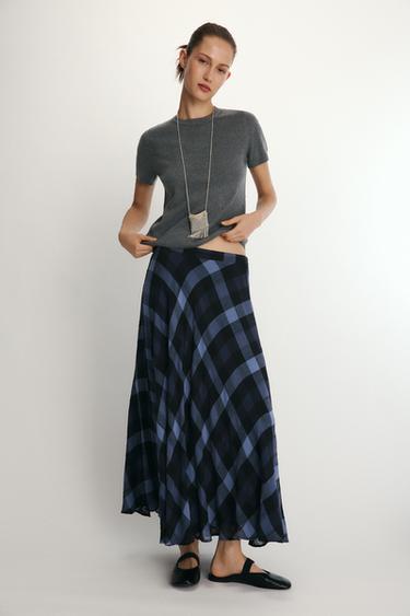 Zara PLAID MIDI SKIRT - Navy blue