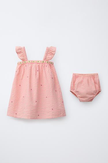 GINGHAM CHECK DRESS AND BRIEFS WITH EMBROIDERED FLOWERS - Pink by Zara