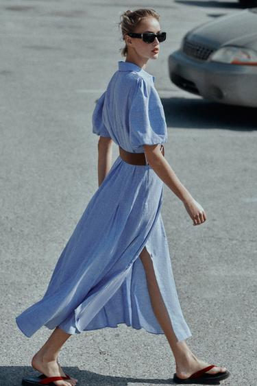 ROBE MI-LONGUE AVEC CEINTURE EN LIN - Bleu de Zara - Image 3