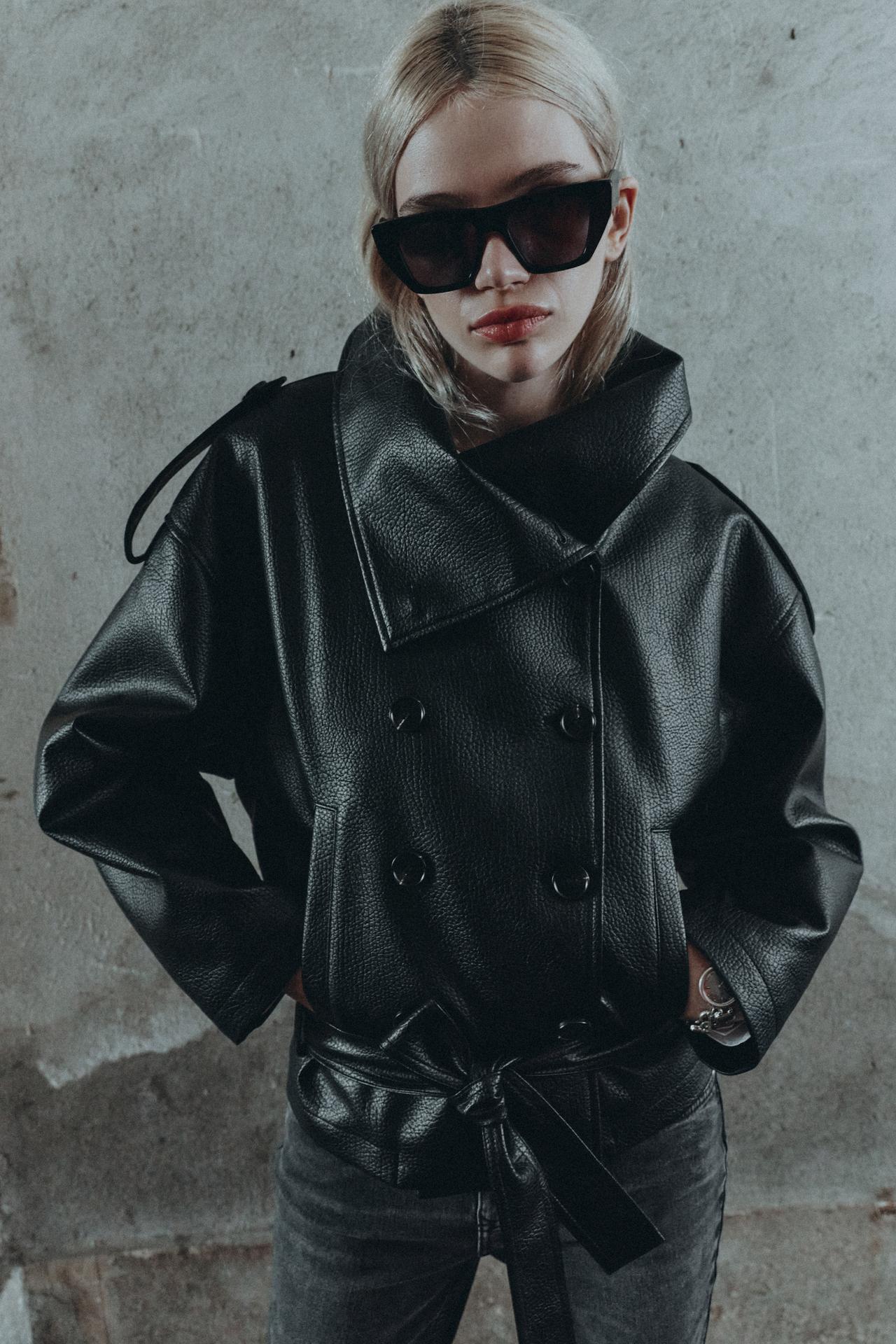FAUX LEATHER BELTED JACKET — Black