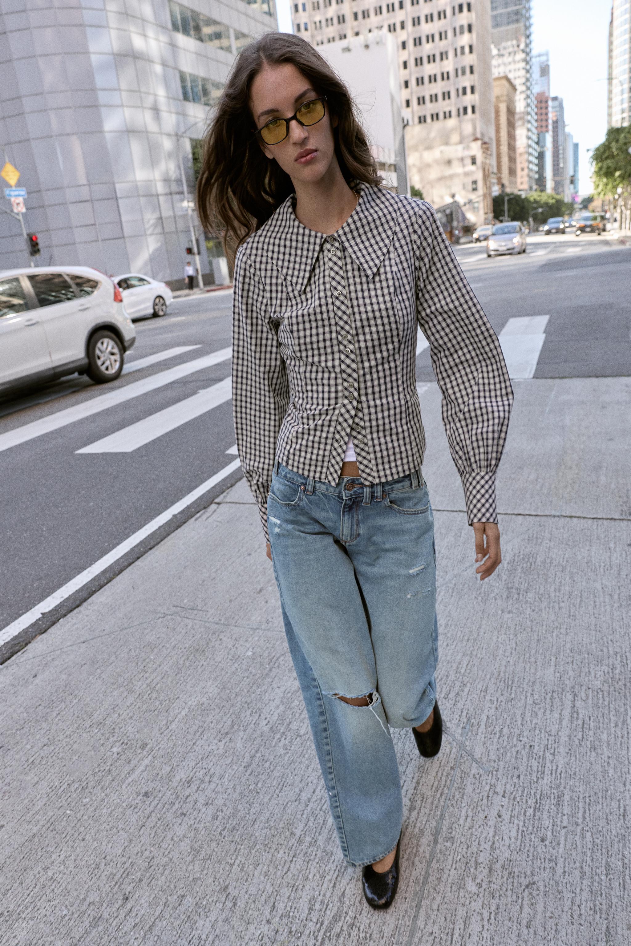 CHEMISE À CARREAUX ET COL CLAUDINE