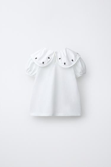 EMBROIDERED FLORAL PETER PAN COLLAR T-SHIRT - Oyster-white by Zara - Image 1