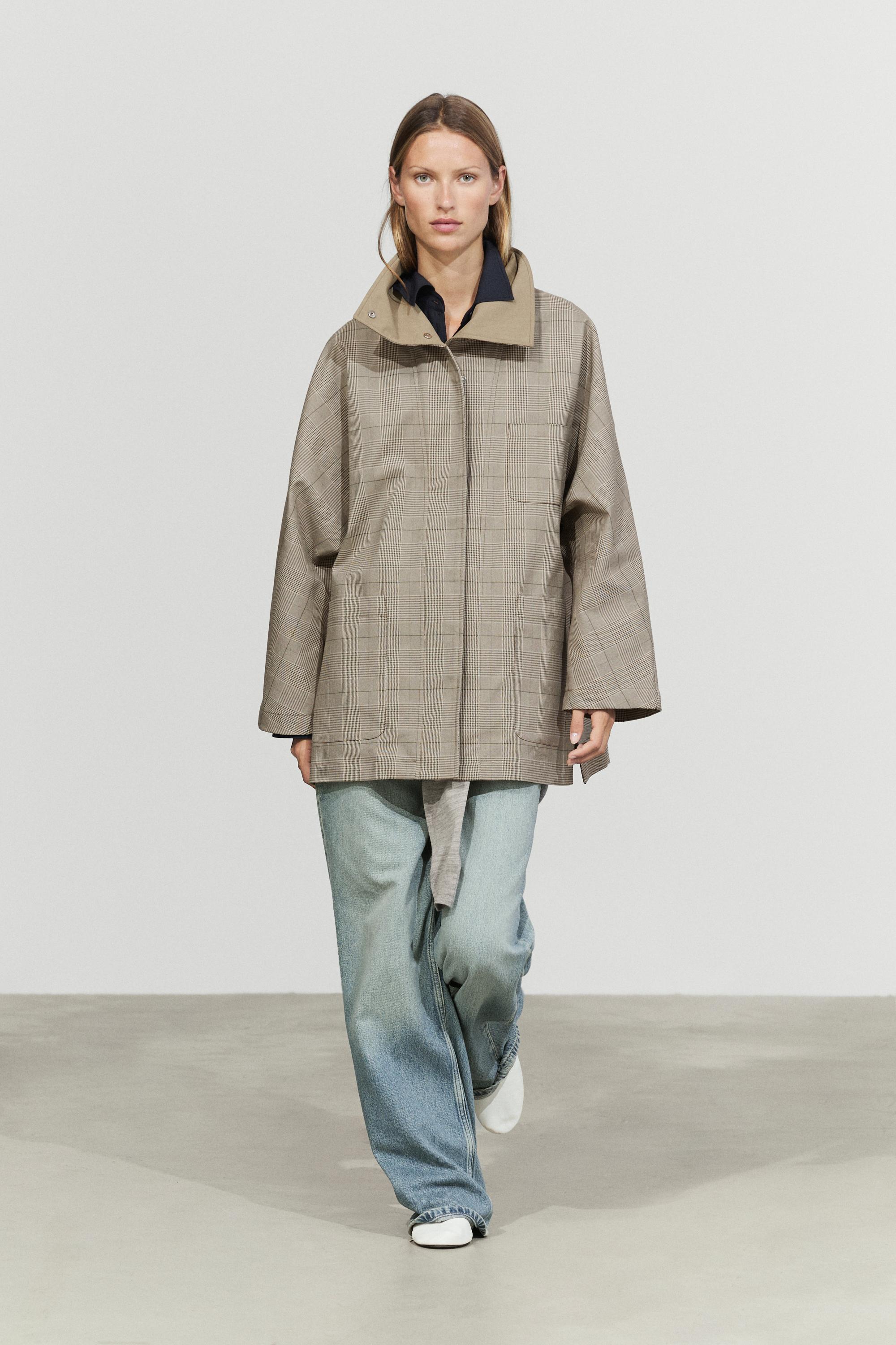 Cotton blend plaid high neck jacket — Khaki