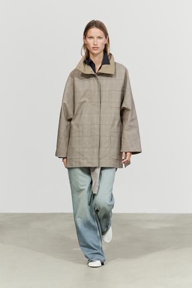 Zara Cotton blend plaid high neck jacket - Khaki