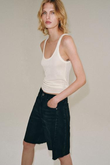 Zara ZW COLLECTION RELAXED MID-RISE DENIM BERMUDA SHORTS - Black
