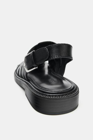 Zara LEATHER OPEN BACK FISHERMAN SANDALS - Black