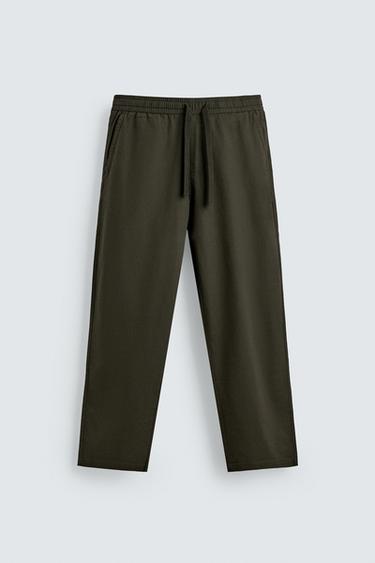RELAXED FIT COTTON/LINEN TROUSERS - Dark khaki by Zara