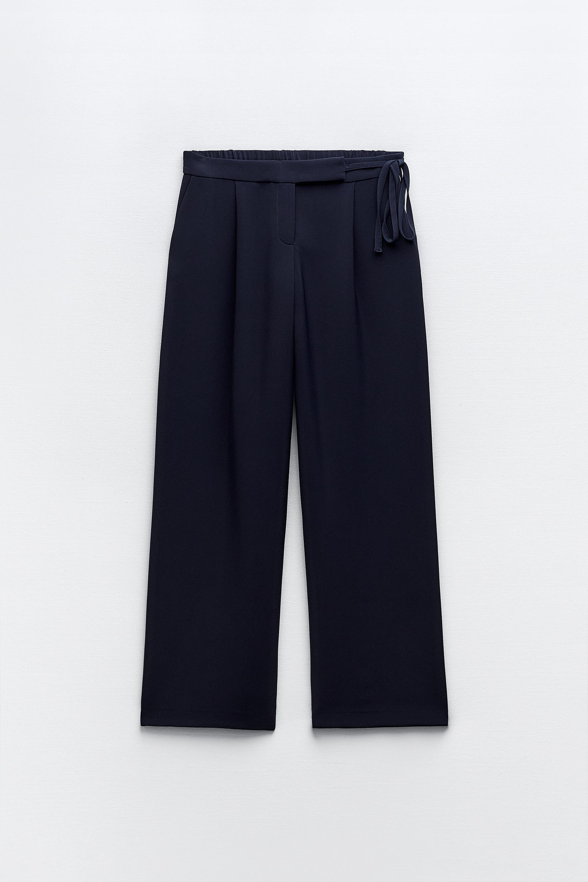 WIDE LEG PANTS WITH ROPE BELT - Navy blue