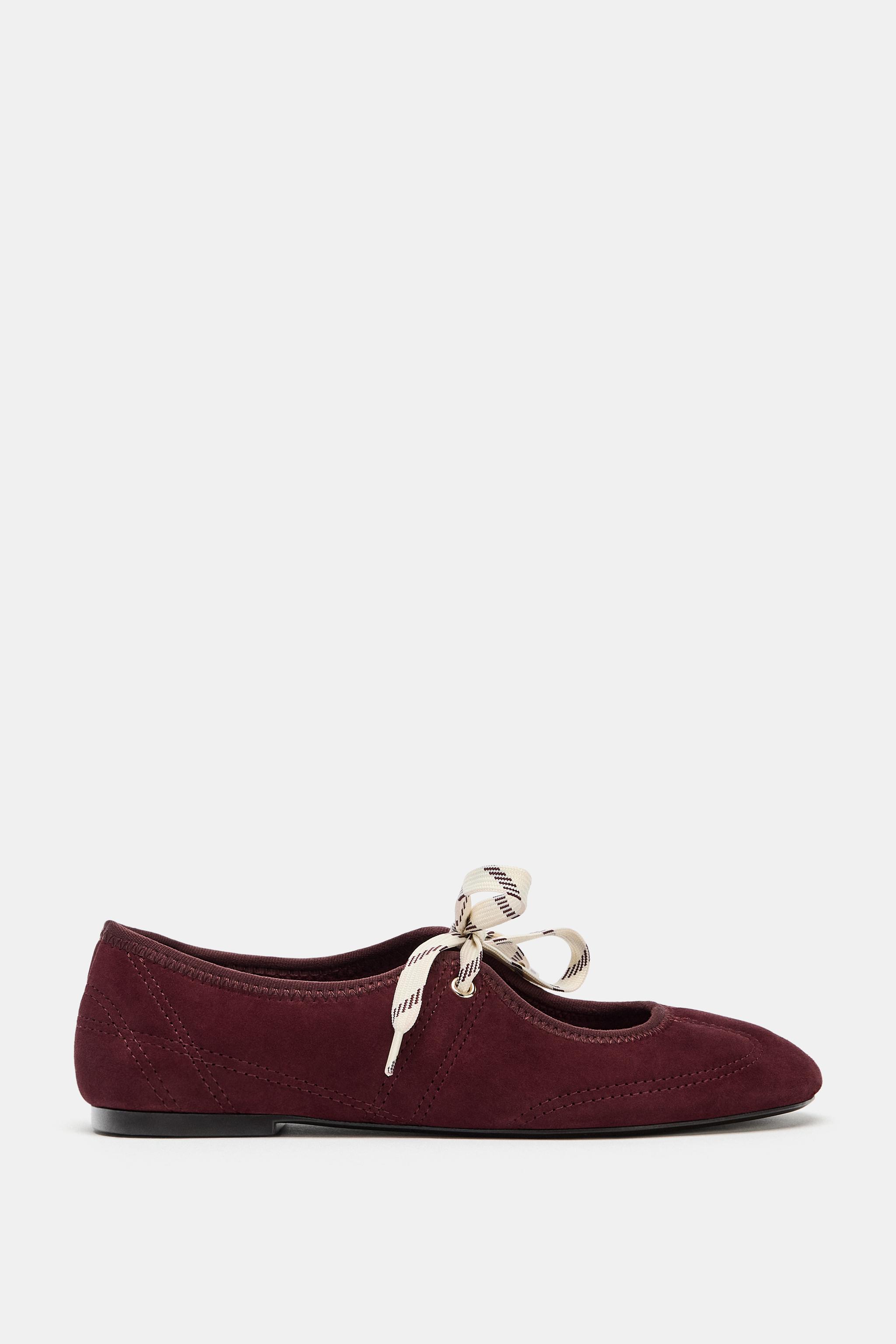 LACED SPLIT LEATHER BALLET FLATS