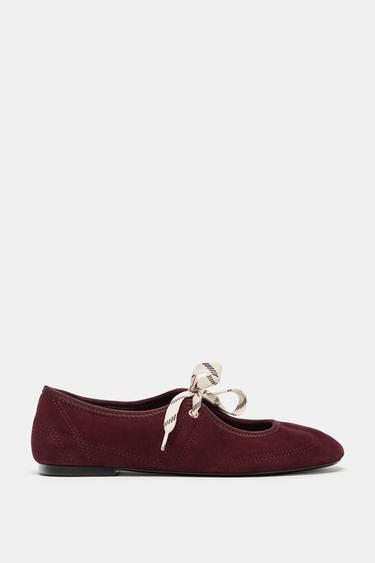 Zara LACED SPLIT LEATHER BALLET FLATS - Burgundy Red - Image 0